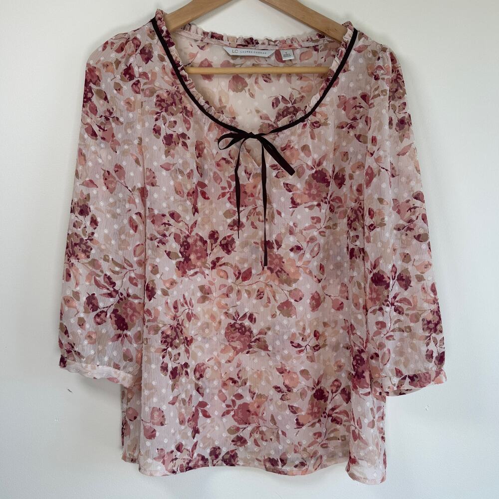 Lauren Conrad Sheer Swiss Dot Floral Blouse Ribbon Bow Top Pink Maroon Sz Small